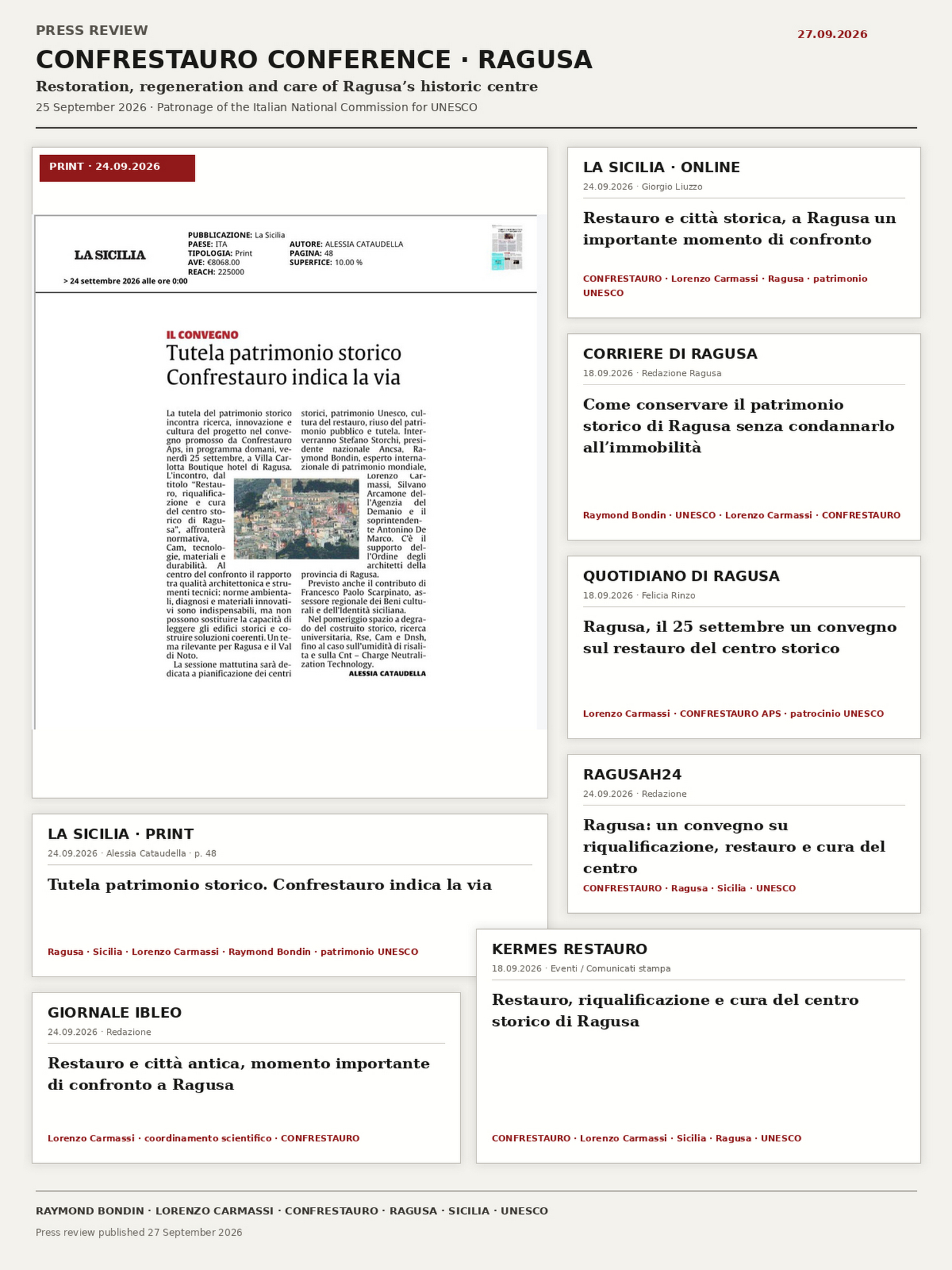 Press coverage of the CONFRESTAURO conference on restoration in Ragusa