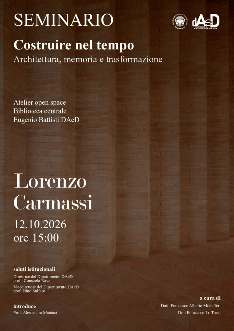 Poster for Lorenzo Carmassi lecture “Costruire nel tempo. Architettura, memoria e trasformazione”, Reggio Calabria, 12 October 2026