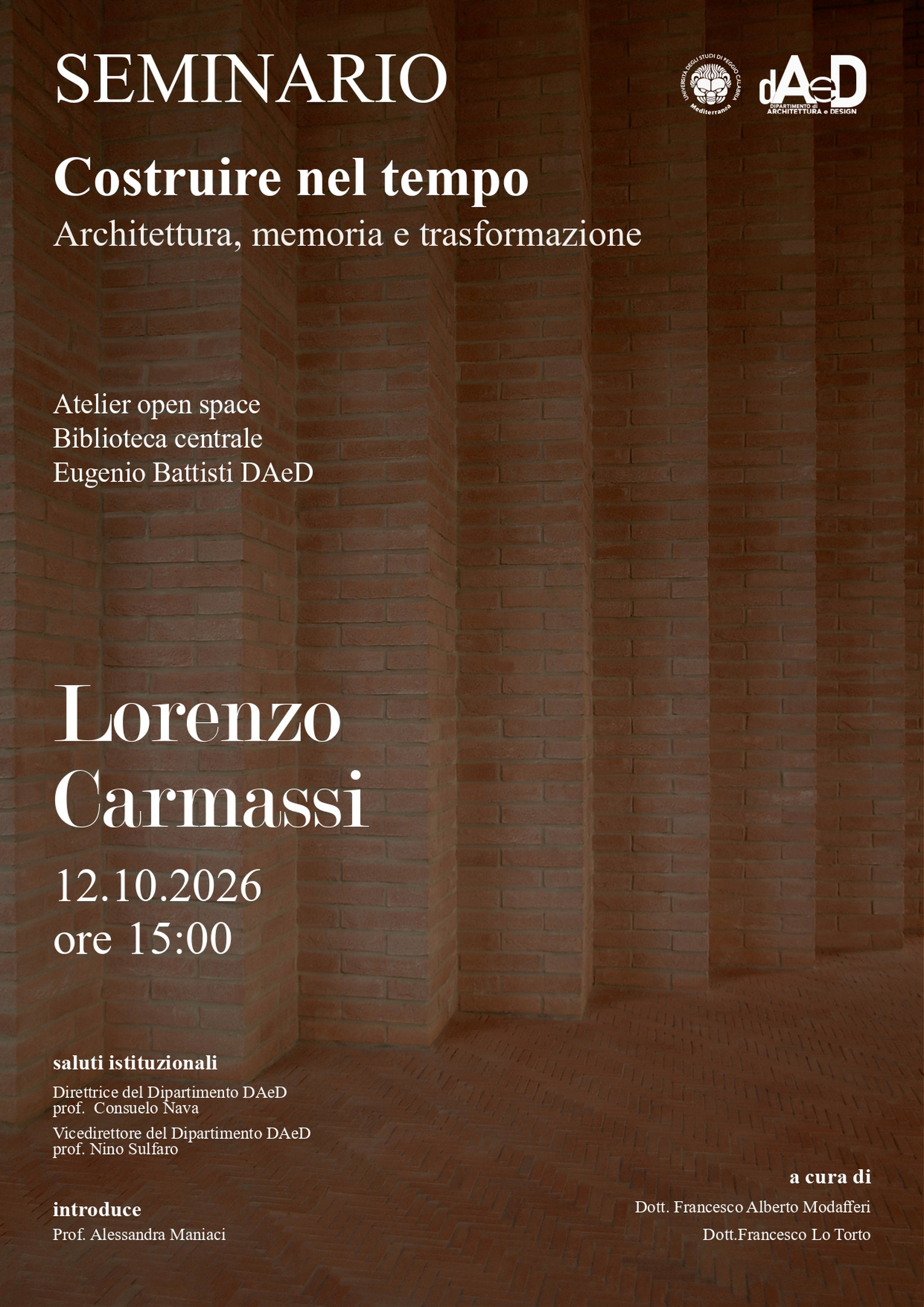 Poster for Lorenzo Carmassi lecture “Costruire nel tempo. Architettura, memoria e trasformazione”, Reggio Calabria, 12 October 2026
