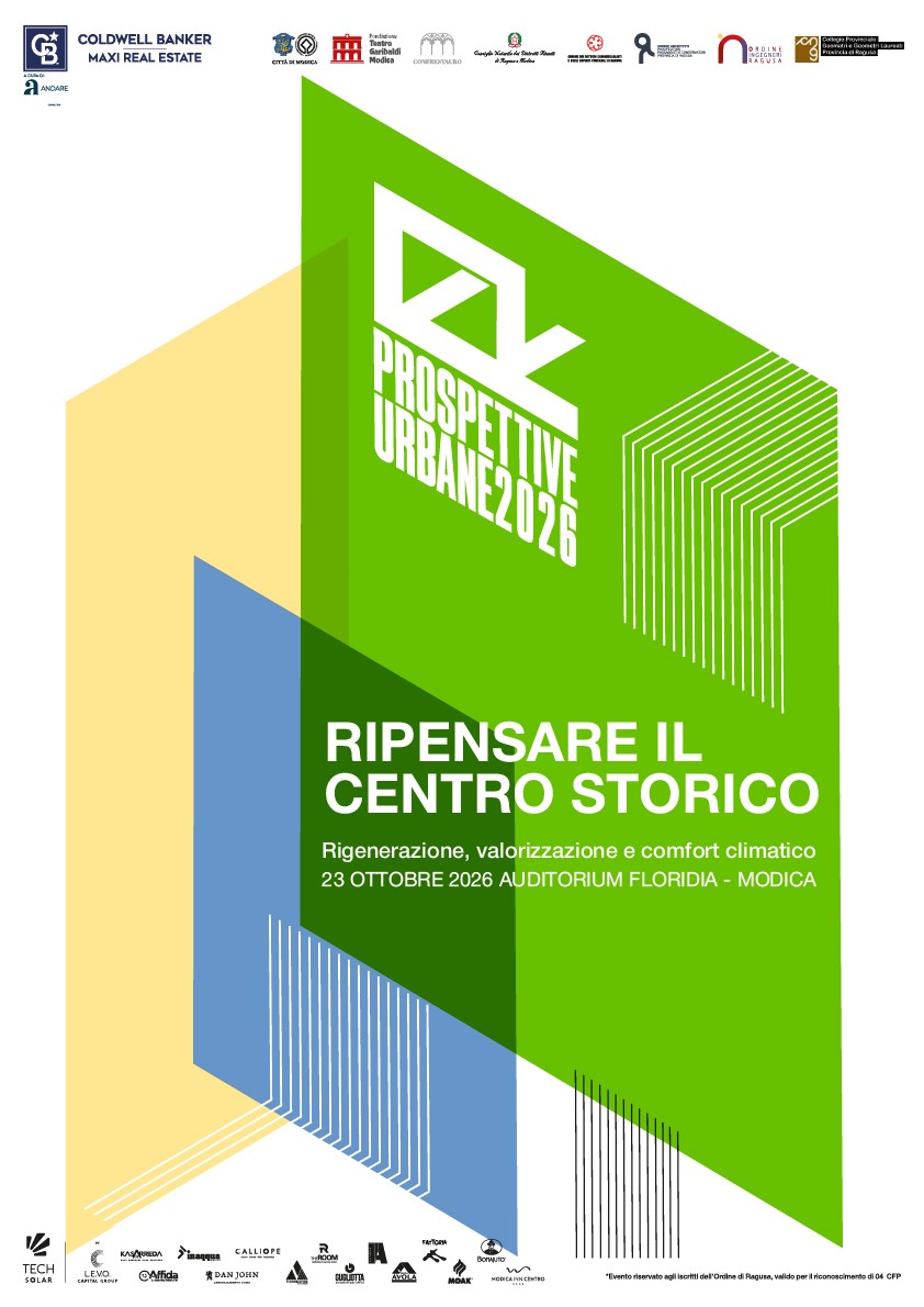 Official poster for Prospettive Urbane 2026 (Urban Perspectives 2026), Modica, 23 October 2026. Green, yellow and blue geometric composition promoting a conference on historic-centre regeneration, architectural heritage and climatic comfort.